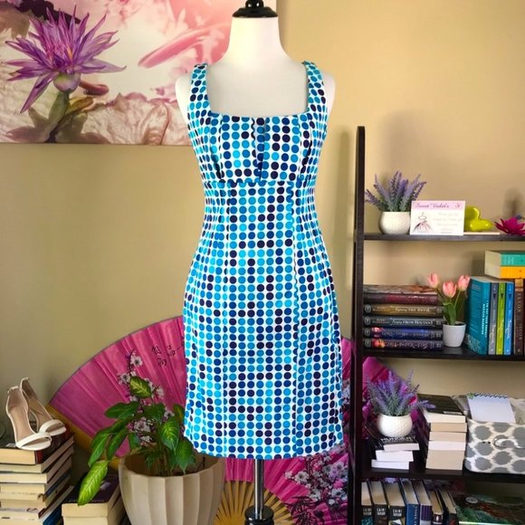 Calvin Klein Blue Polka Dot Fitted Sheath Cocktail Dress - Picture 1 of 12